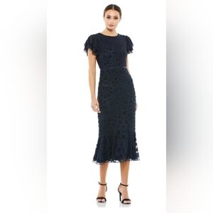 NWT Mac Duggal,  Hand Beaded Flounce‎ Sleeve Midi Dress, Midnight, Size 8 - $498